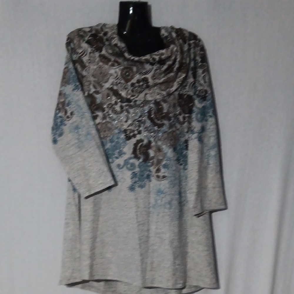 Indigo Soul Long Sleeve Knitted Dress / Top 2X Gray Blue Paisley Floral Cowl NWT